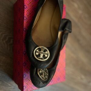Tory Burch Black Leather Flats with Gold Logo